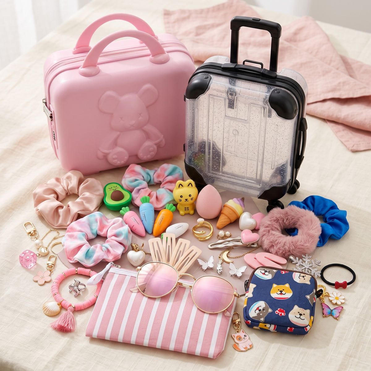 Mia's Lucky Suitcase: the pink teddy suitcase and the sparkly mini suitcase with a pile of cute surprises
