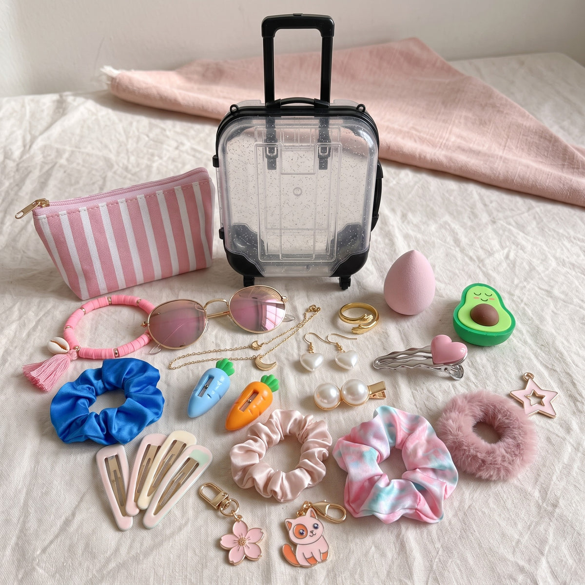 The sparkly mini clear suitcase with cute surprises spread in front of it