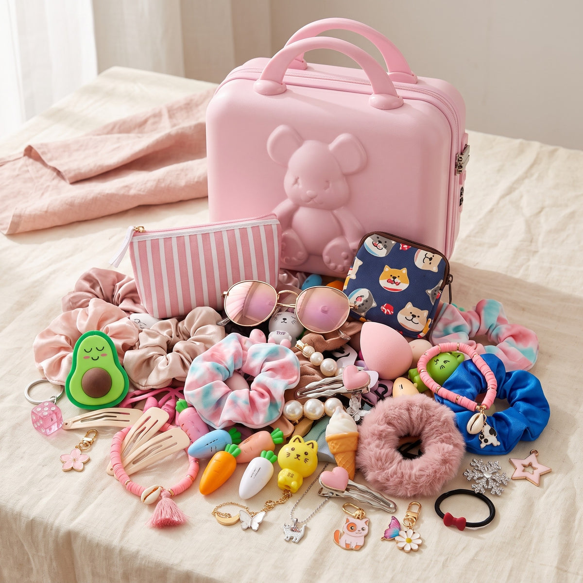 The pink teddy suitcase with a big pile of cute surprises