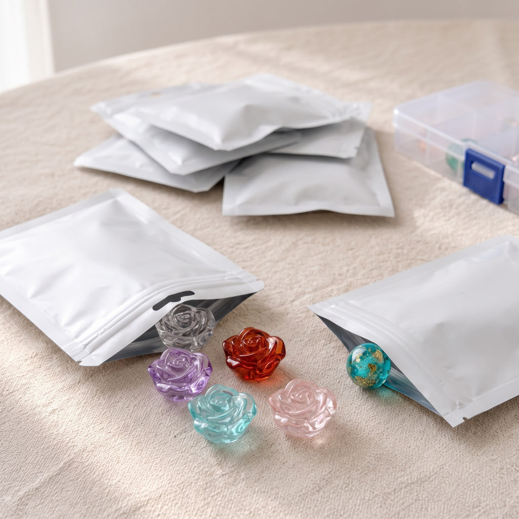 An opened blind bag with rose beads tumbling out