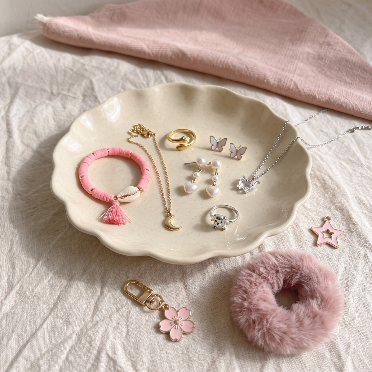 Rare finds: rings, earrings, tiny necklaces and a clay bead bracelet