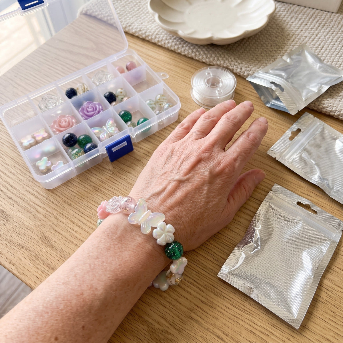 A finished stretch bracelet made from the beads on a wrist