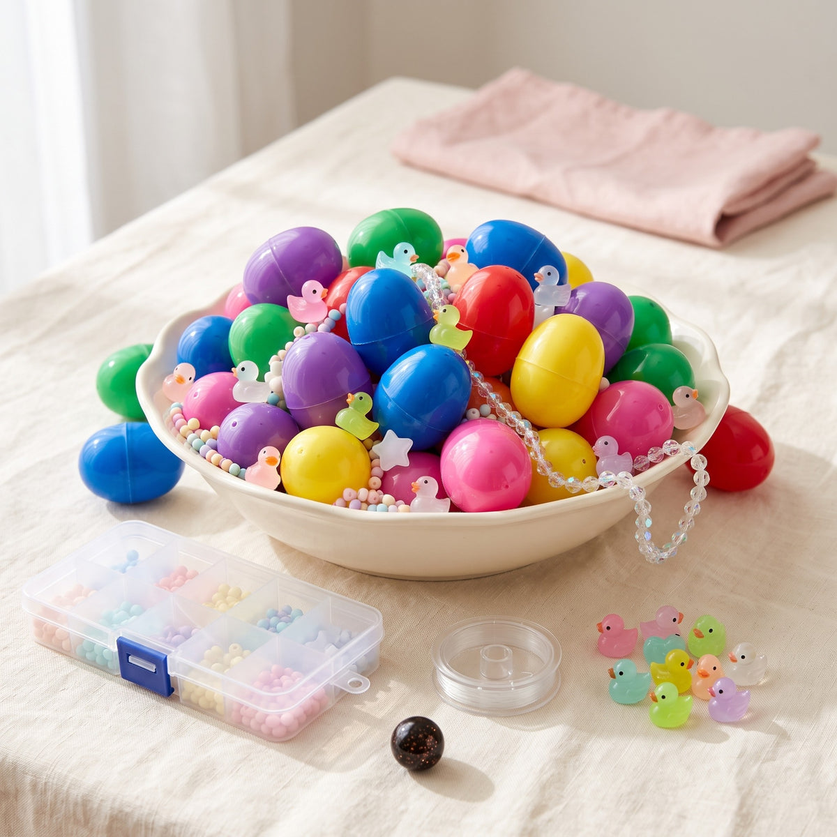 Mia's Lucky Bead Bowl heaped with capsule eggs, glass beads and little glow ducks