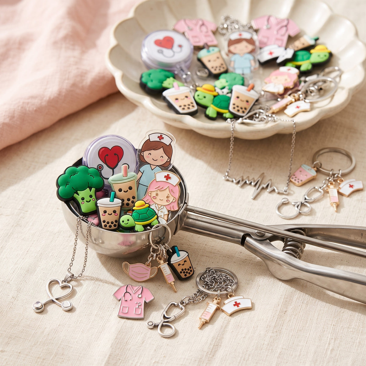 An ice cream scoop heaped with nurse charms, a badge reel and a stethoscope necklace